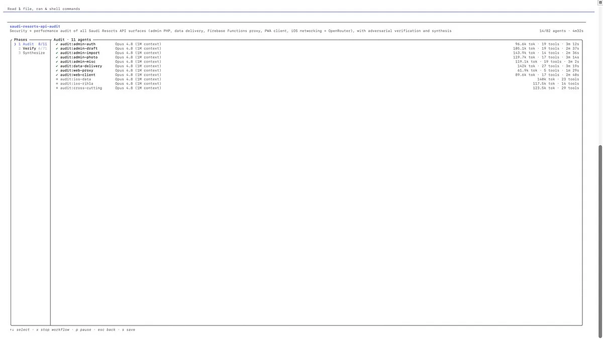 A multiple agent audit workflow: eleven agents in the audit phase across an app's API surface, then verify and synthesize phases, the counter showing fourteen of eighty-two agents.
