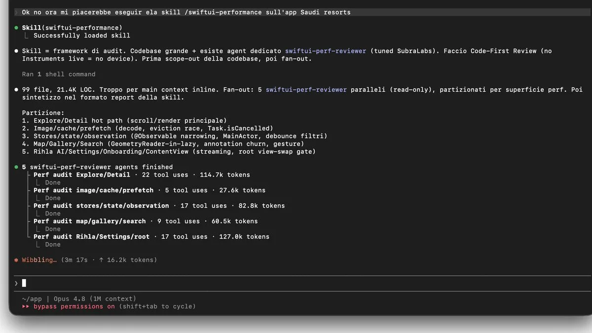 Independent AI agents splitting a performance review across an iOS codebase.