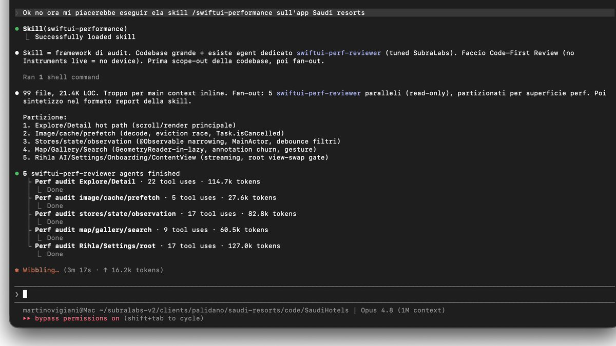 A Claude Code session fanning out five read-only performance-review agents across an iOS codebase, each owning one performance surface.
